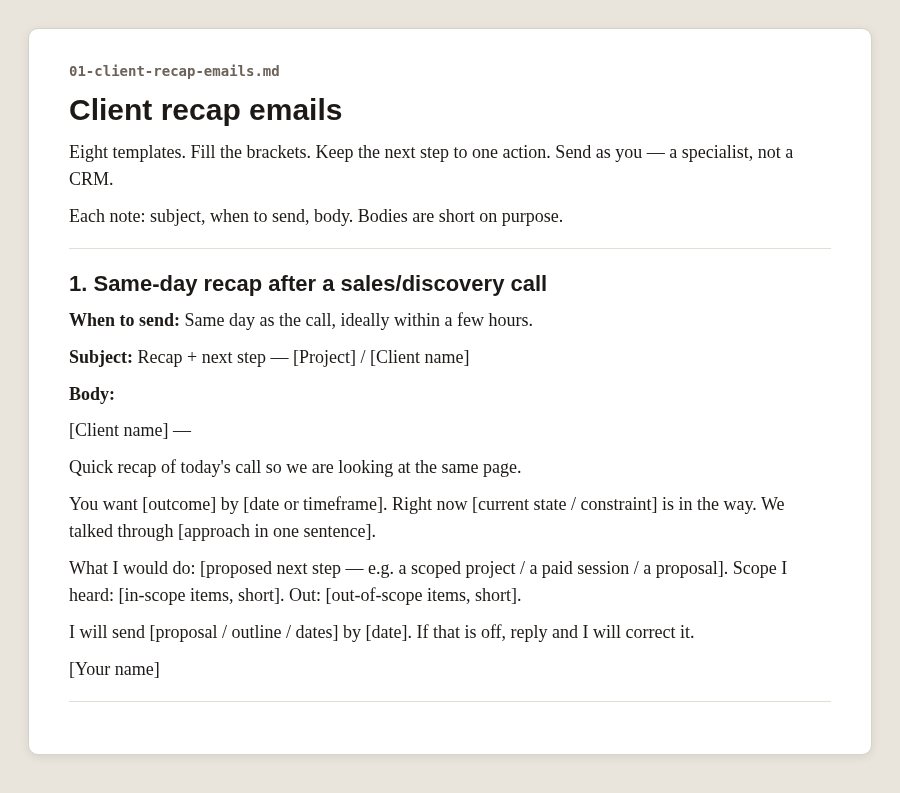 Recap email #1, the first page of the kit file 01-client-recap-emails.md
